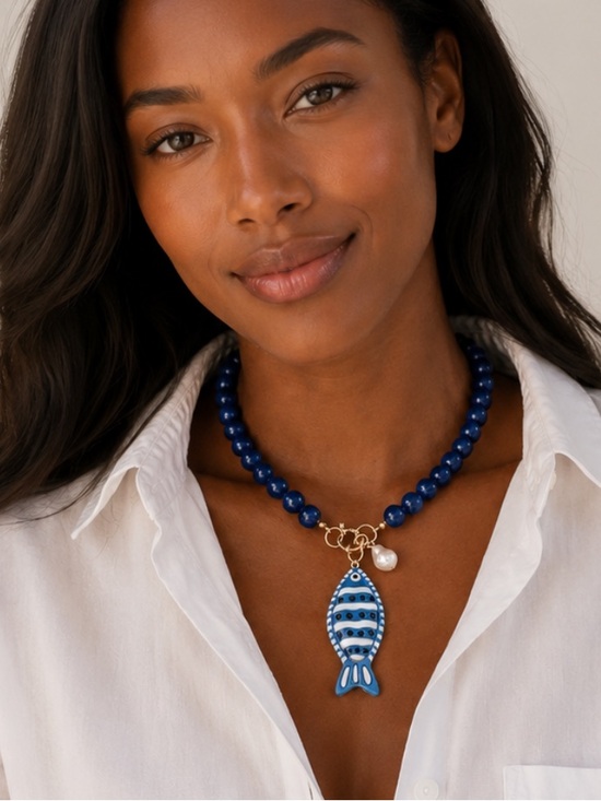 Anthropologie Jewelry - New! Coastal Blue Fish Beaded Necklace